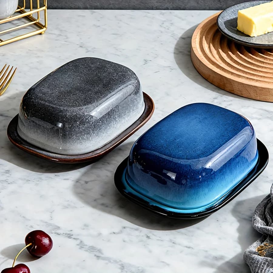1 pz. Portaburro in Ceramica Retrò Effetto Forno con Coperchio, Contenitore Portaburro in Porcellana per Piano di Lavoro