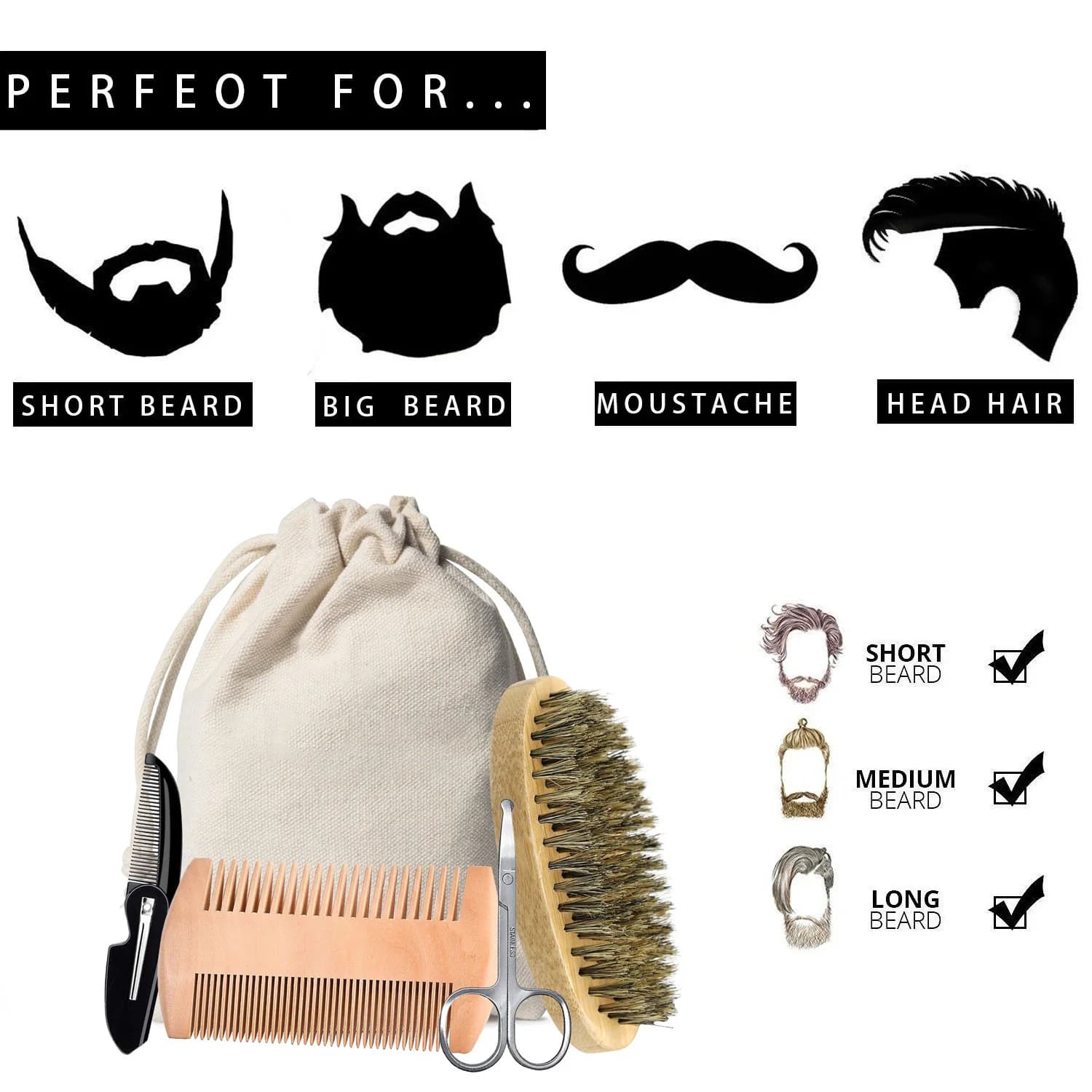 4/6 pieces men's beard brush bamboo comb set bristles set of portable boar barber beard brush comb scissors for facial cleaning tool for styling