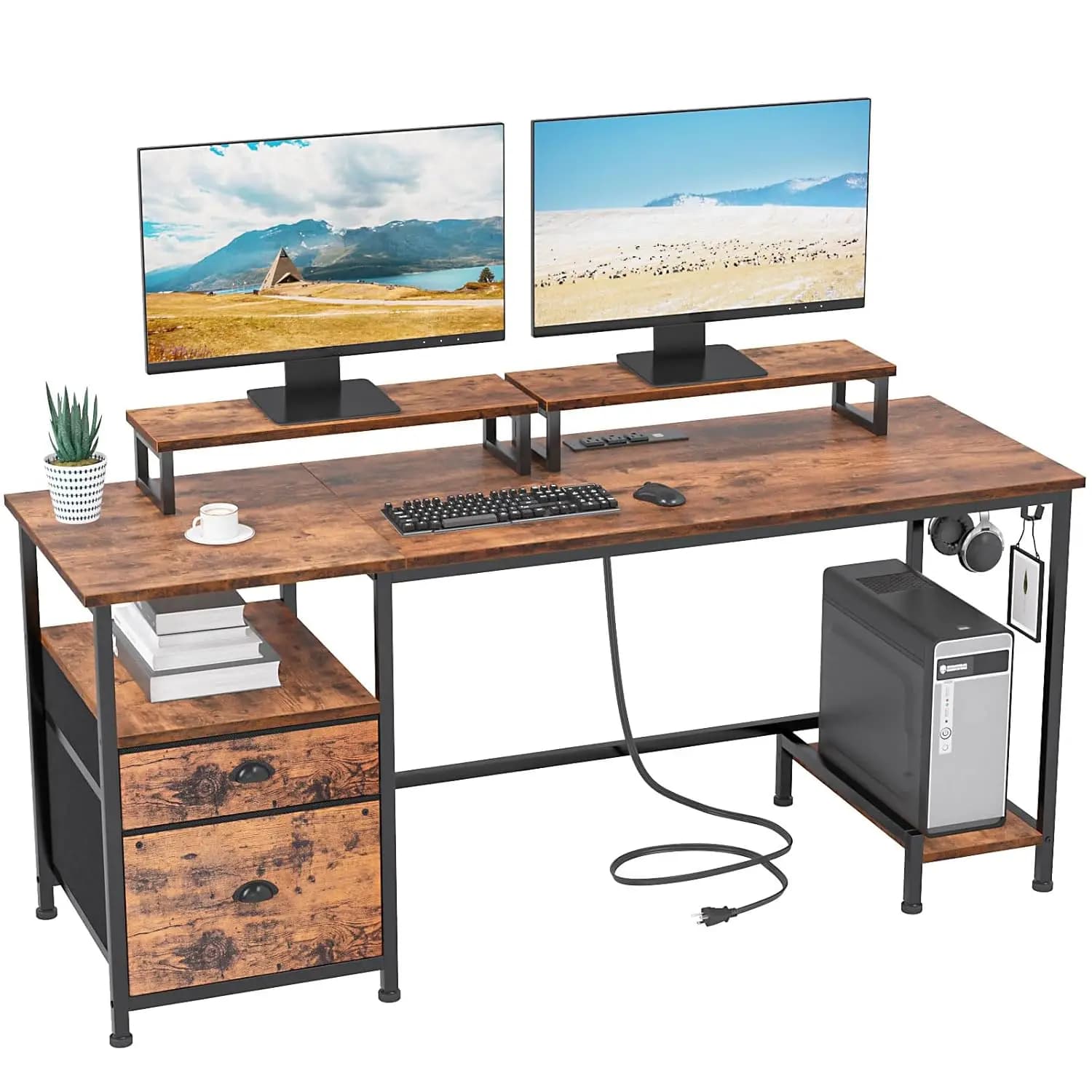 55 inch desk, power sockets, 2 monitor supports, drawer, shelves and hooks, rustic brown, customizable
