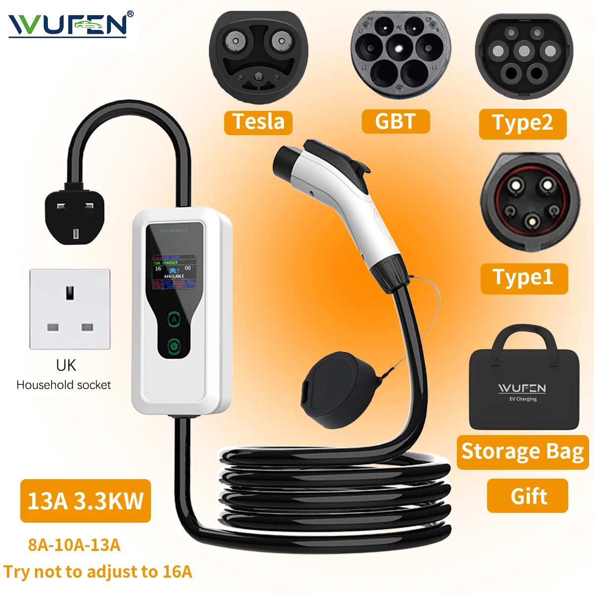 WUFEN Electric Car Portable Type2 GBT NACS Type1 UK BS Spina EV Charger 13A 3.3 KW Charging Cable EVSE 230V for Domestic Use External