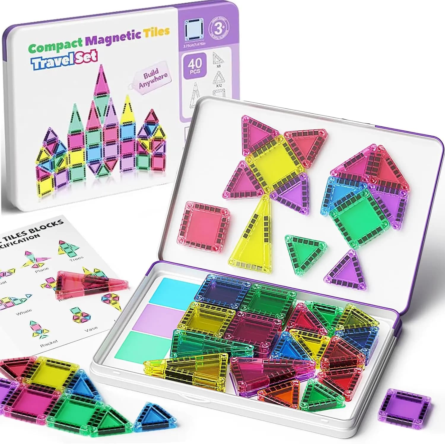 Hotfree 40PCS Mini Magnetic Tiles Stacking Building Blocks - Montessori STEM Toy with Strong Magnets, Iron Storage Box, Airplane Activities, Open Ended Play, Toddler Learning Activities, 3D or Flat Play, Birthday Christmas Gift for Ages 3-8