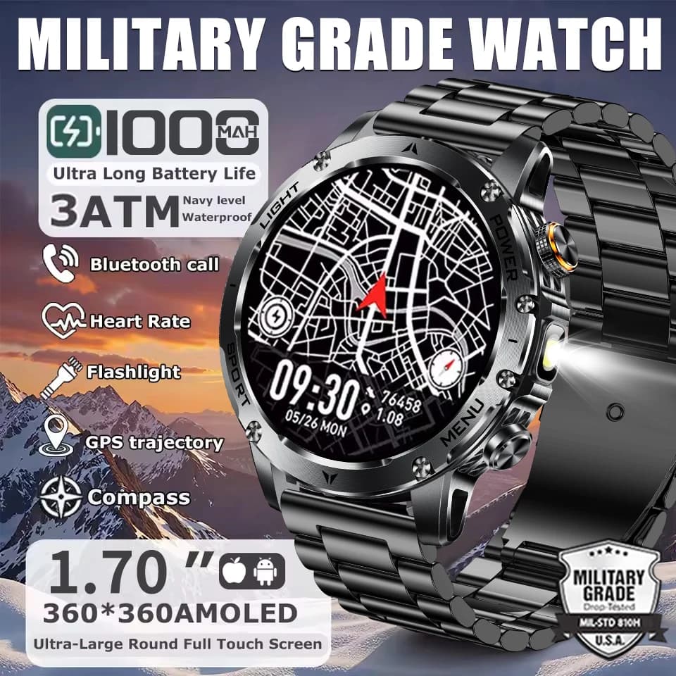 2025 New Men's Military Grade 1000mAh Super Great Battery GPS 3ATM Smartwatch Waterproof Bluetooth Sport Fitness Smartwatch call