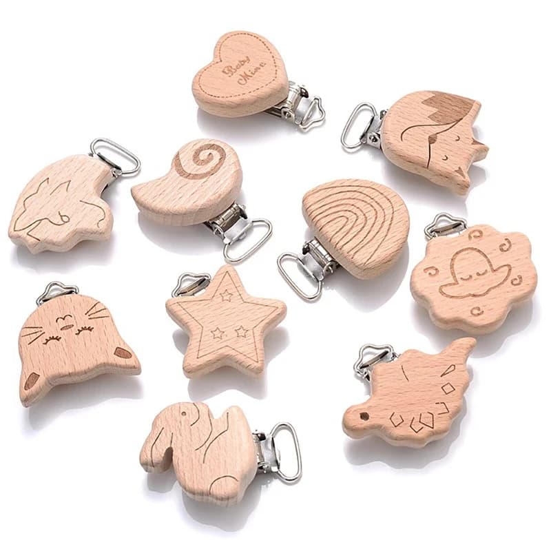 5 pezzi clip per ciuccio in legno faggio naturale per uso alimentare accessori per succhietto fai da te per la dentizione del bambino clip per porta ciuccio a catena per ciuccio
