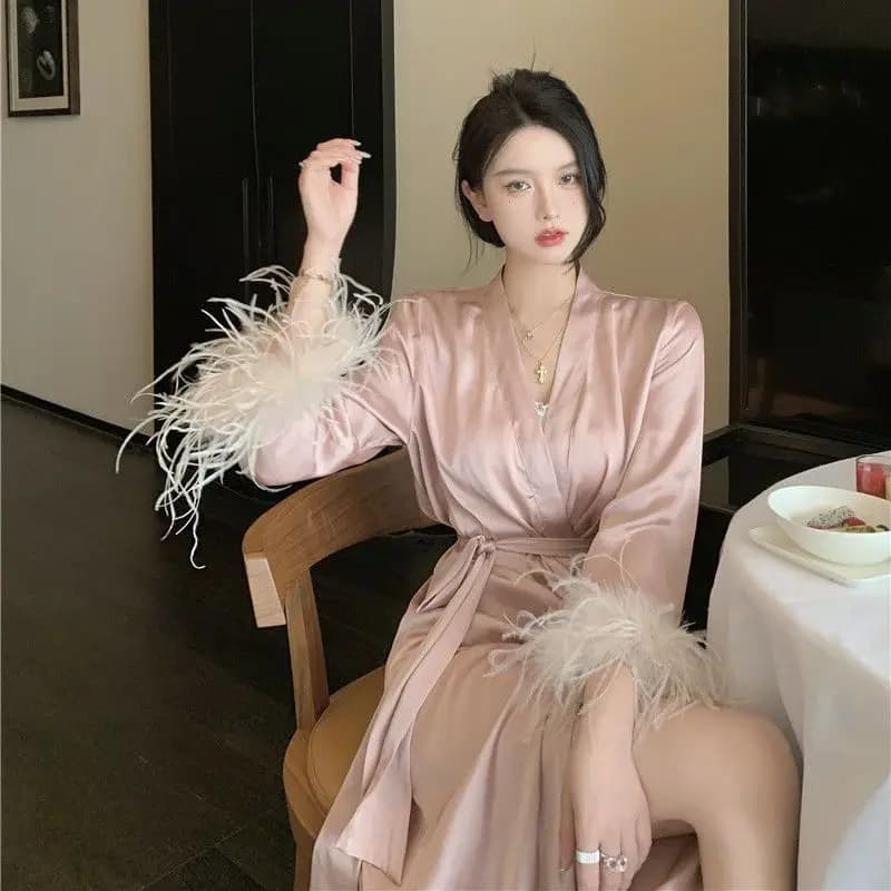 Sexy Pijama Women's Clothing Dresses Silk Dresses Night Shirts Cardigan Long Sleeved Loungewear pyjamas pink night dresses