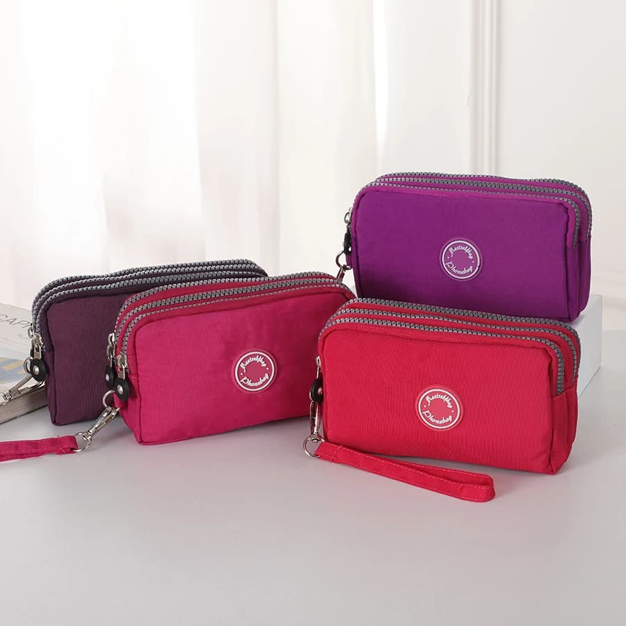 Three-layer coin bag with zipper, women's bag, long canvas clutch bag, phone shoulder bag, small fabric wallet bag