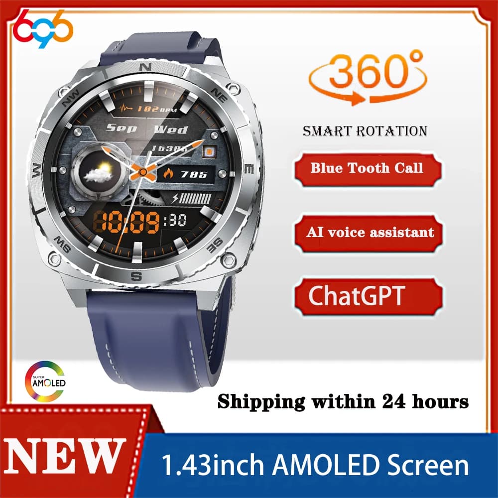 360 ° Smart Smartwatch with Automatic Rotation, AMOLED Screen, ChatGPT, Cardiac Frequency Monitoring, Bluetooth Calls, Sport Watch 2025
