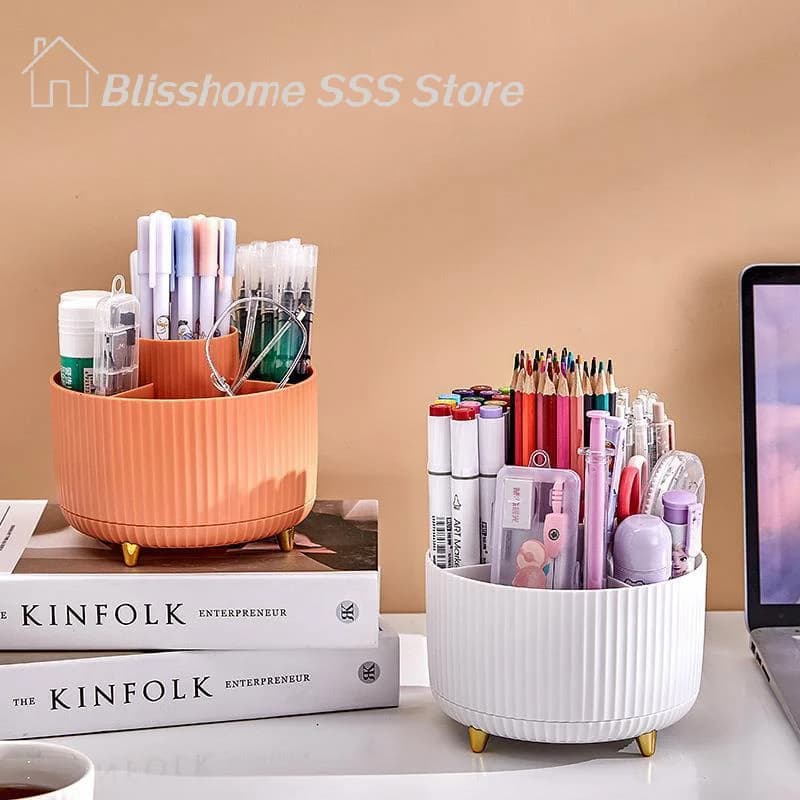 【S】360 ° Porta pennelli da trucco rotante a 5 scomparti, organizer multifunzionale da scrivania, porta cosmetici per la vanità.