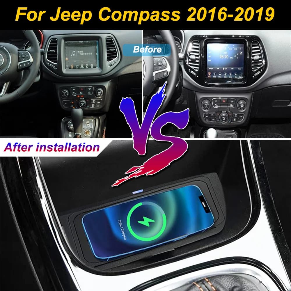 Caricatore Wireless 2 Din per Jeep Compass 2016-2019, Supporto per Telefono con Ricarica Rapida 18W per iPhone, Vano Portaoggetti per Console Centrale