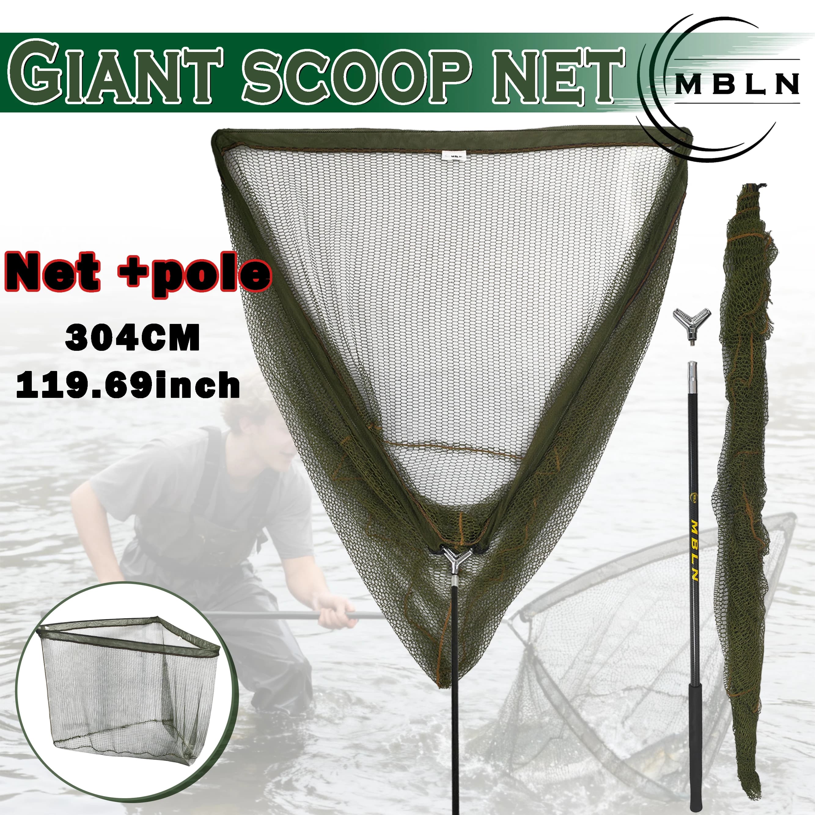MBLN Large European carp for 304 cm, 182 cm rod with aluminium alloy head in the shape of V, extra deep net depth from 105 cm.