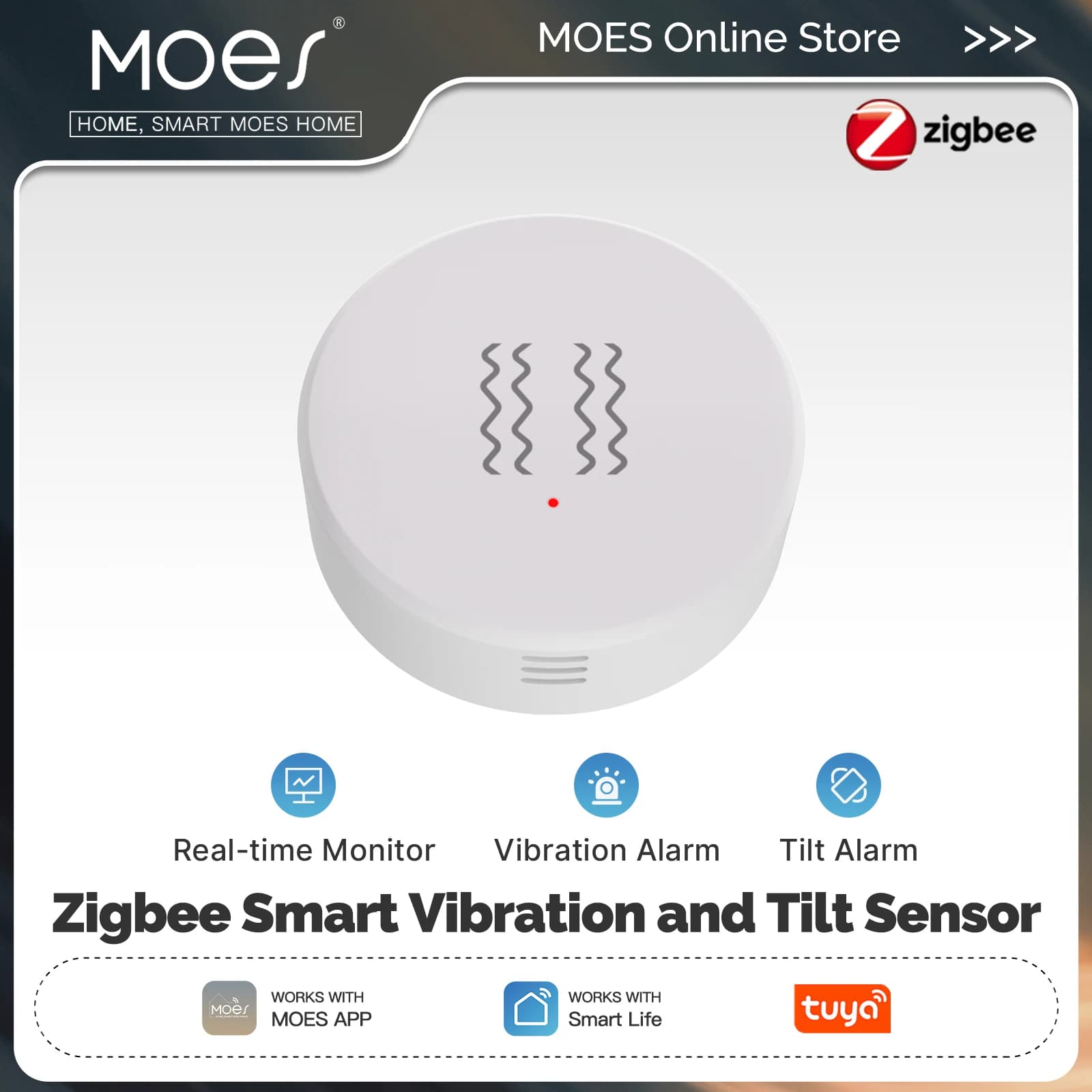 MOES Zigbee Tuya Sensore di inclinazione delle vibrazioni intelligente Monitoraggio in tempo reale Rilevamento dell'asse XYZ Allarme shock di movimento per la sicurezza delle porte e finestre
