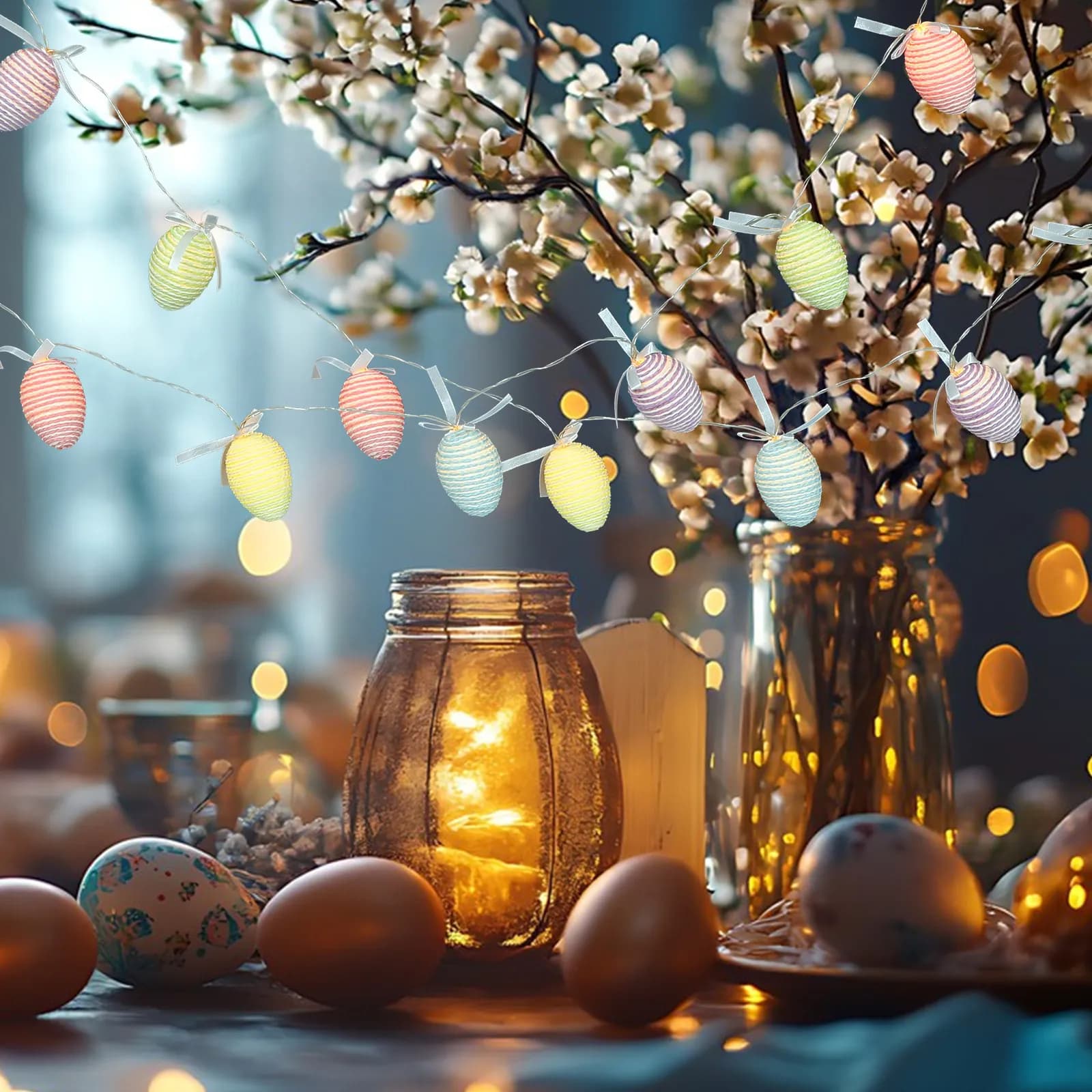 Luci a stringa a forma di uova di Pasqua, luci fatate LED colorate per interni ed esterni, decorazioni per la casa, feste primaverili