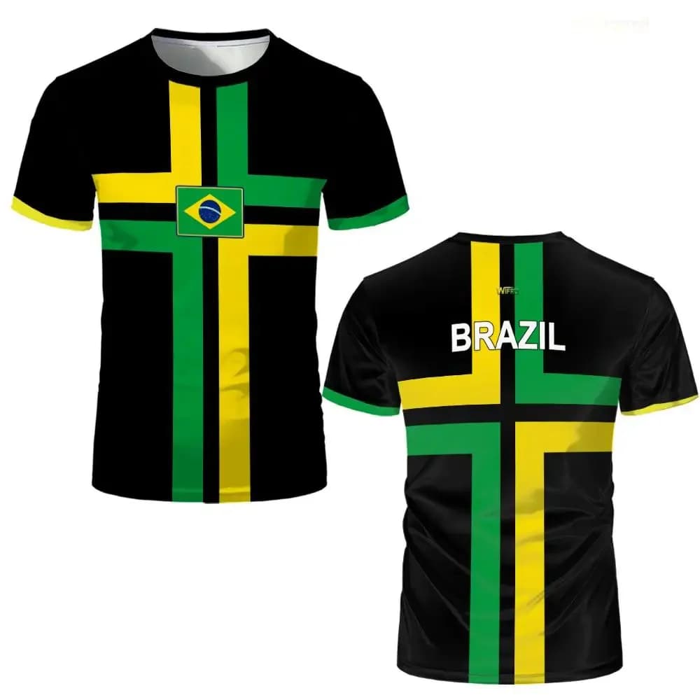 Football T-Shirt with Brazilian Flag Printing, Men's Sport T-Shirt with Rapid Drying, Running Jersey, Cycling, Climbing, Short Sleeve
