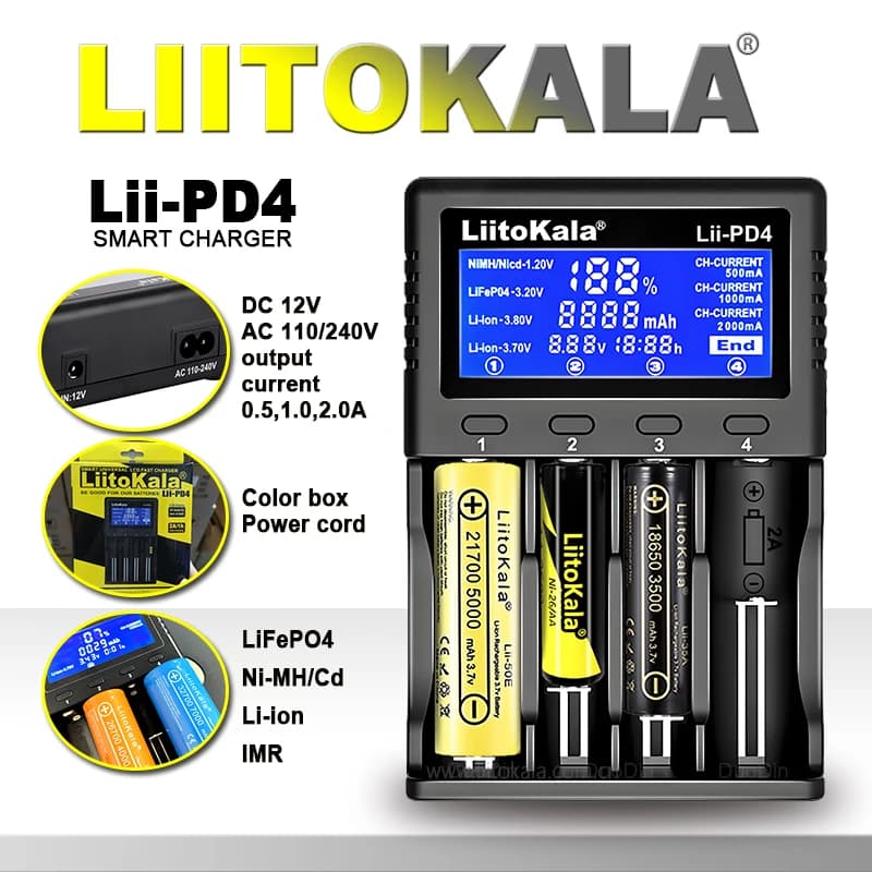 LiitoKala Lii-PD4/PD2 AC PD LCD Charger Quick charging 2 housings for multi-protection automatic detection 21700/18650/AA/AAA