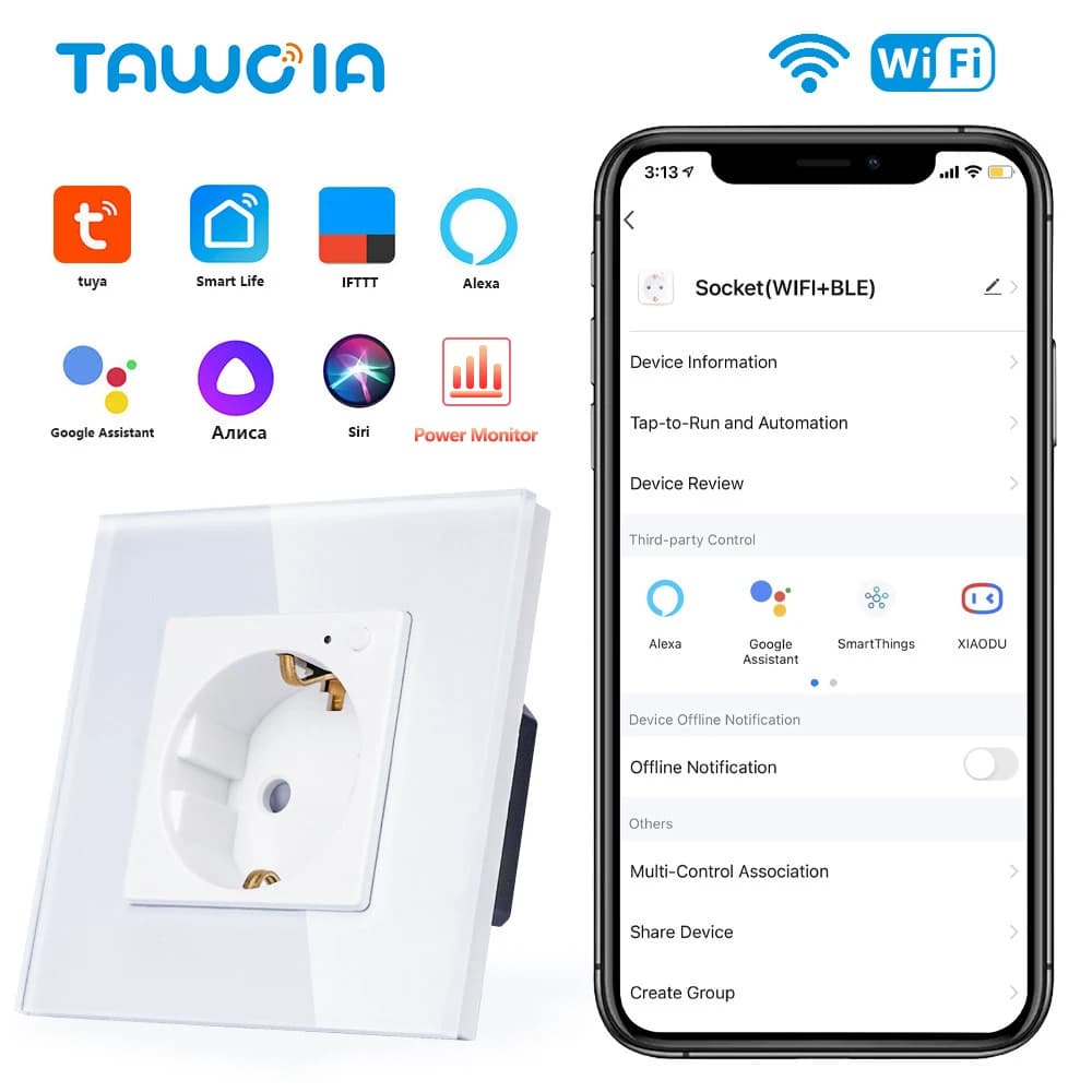 TAWOIA Presa a muro Wifi Standard UE Cornice in vetro Presa per monitor di alimentazione Presa elettrica Funziona con Alexa Tuya Google Home Yandex