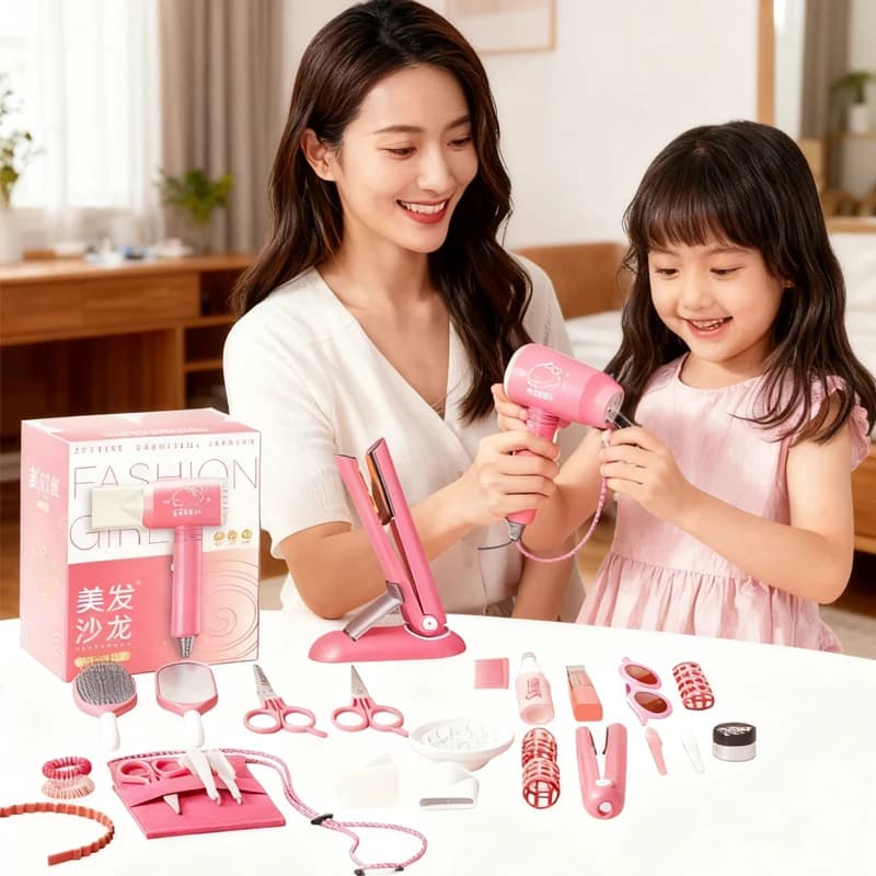 Beauty salon set for girls, fiction game, hair toy hair cut kit with scissors apron for hair dryer and styling accessories