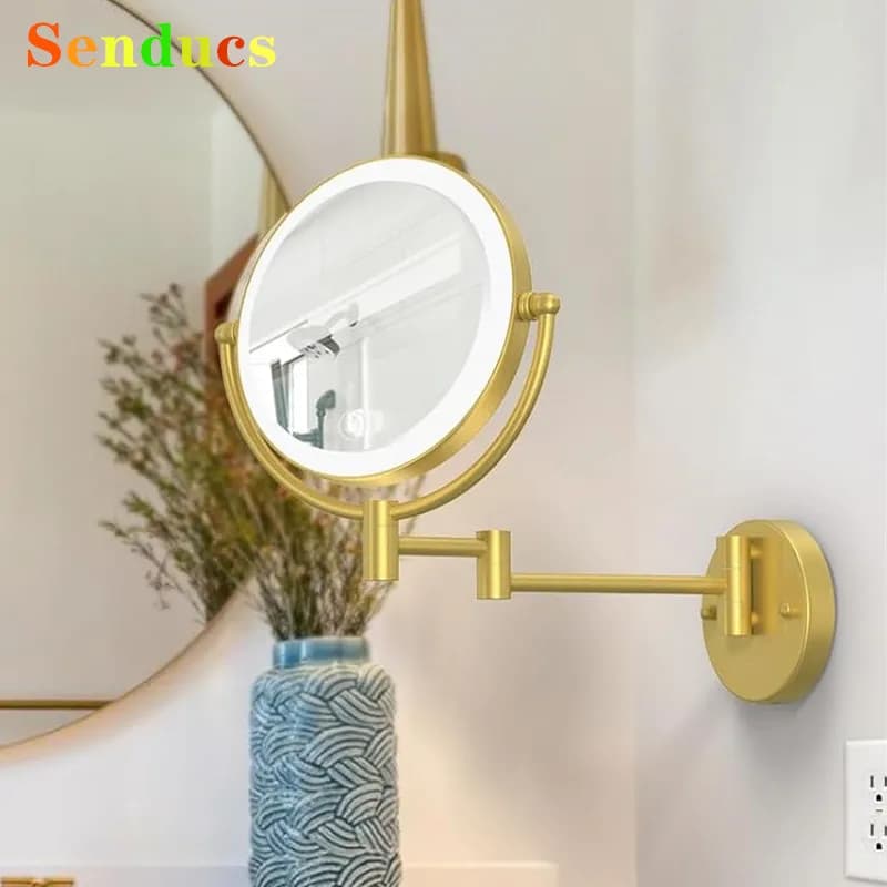 Brushed Gold LED Bathroom Mirrors Quality Brass Make-up Mirror with 10X Enlargement Double Arm Extend Golden LED Folding Bathroom Mirrors