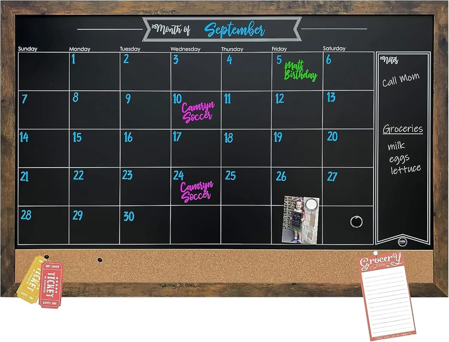 Calendario rustico con lavagna magnetica con lavagna in sughero - Telaio in acciaio legato da 24x36 pollici per l'organizzazione della cucina e della parete