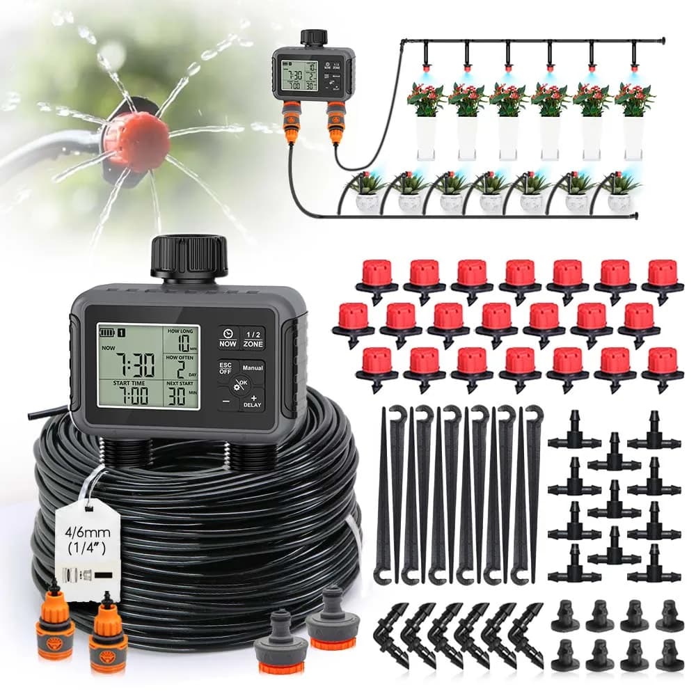 Timer per Irrigazione da Giardino con Display LCD a Doppia Zona Indipendente, Kit di Irrigazione Automatica Intelligente Compatto per Giardinaggio