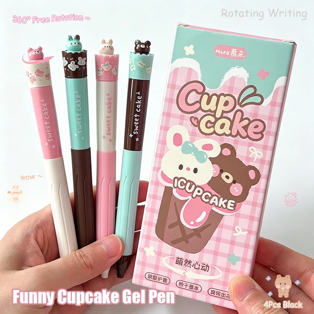 4 Pezzi/Scatola Divertenti Penne Gel a Forma di Cupcake 0.5mm, Penne Carine a Tema Animale ad Asciugatura Rapida, Penne Creative Rotanti a Forma di Coniglio, Penne Tascabili a Forma di Orso e Gelato, Penne Nere