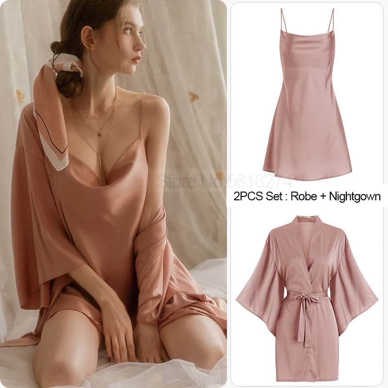 Wedding Dress Set with Strap Night Shirt Women's Nightwear Kimono Bathrobe Dress and Night Shirt Summer Swing Cllar Lingerie