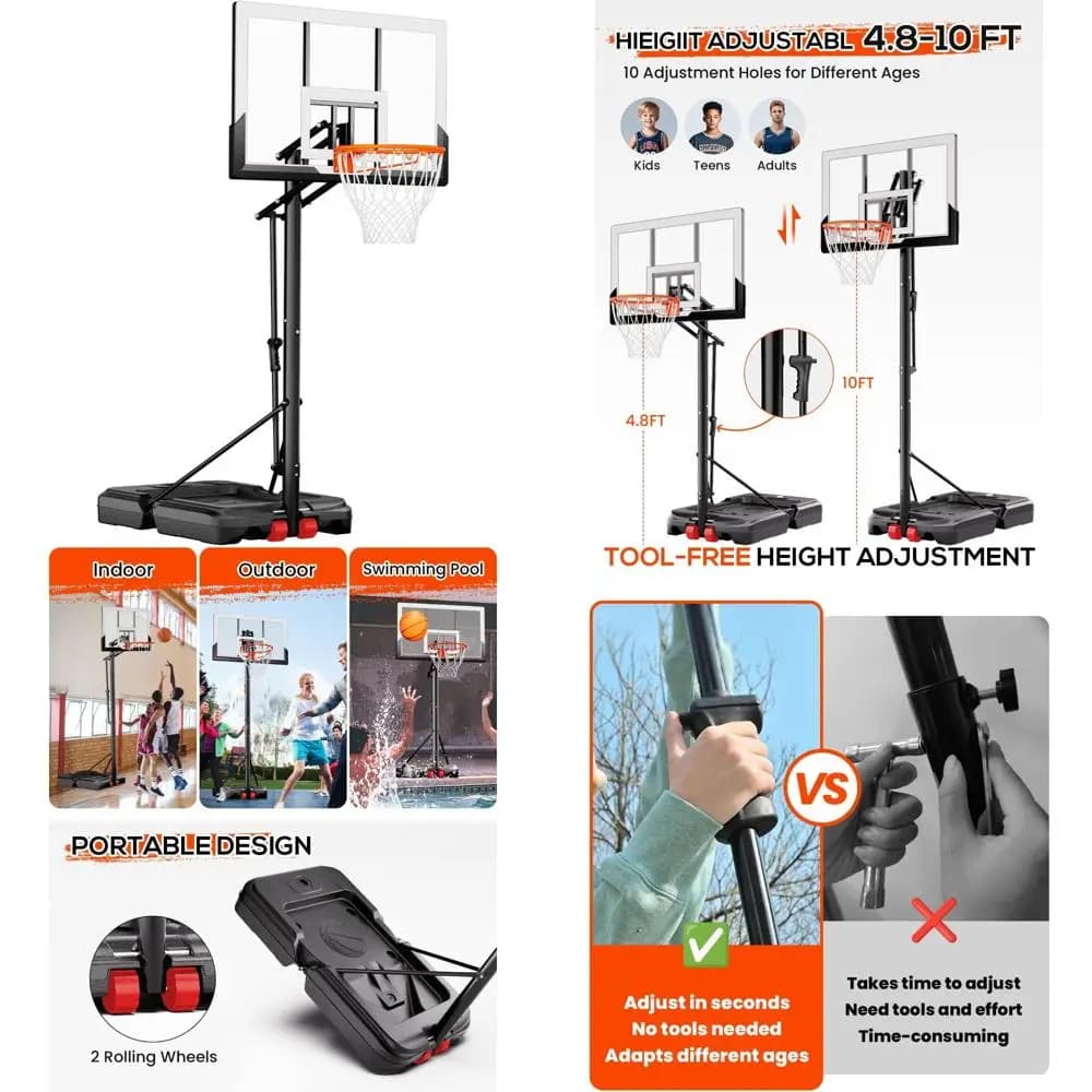 Adjustable portable basketball system - Height 4,8-10 feet, 45 inch inbreakable board for children's outdoor use