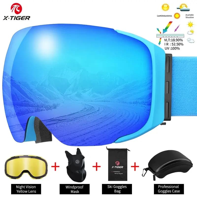 X-TIGER Pro occhiali da sci UV400 occhiali antiappannamento lenti magnetiche visione notturna lenti gialle sport all'aria aperta Snowboard occhiali da neve Set