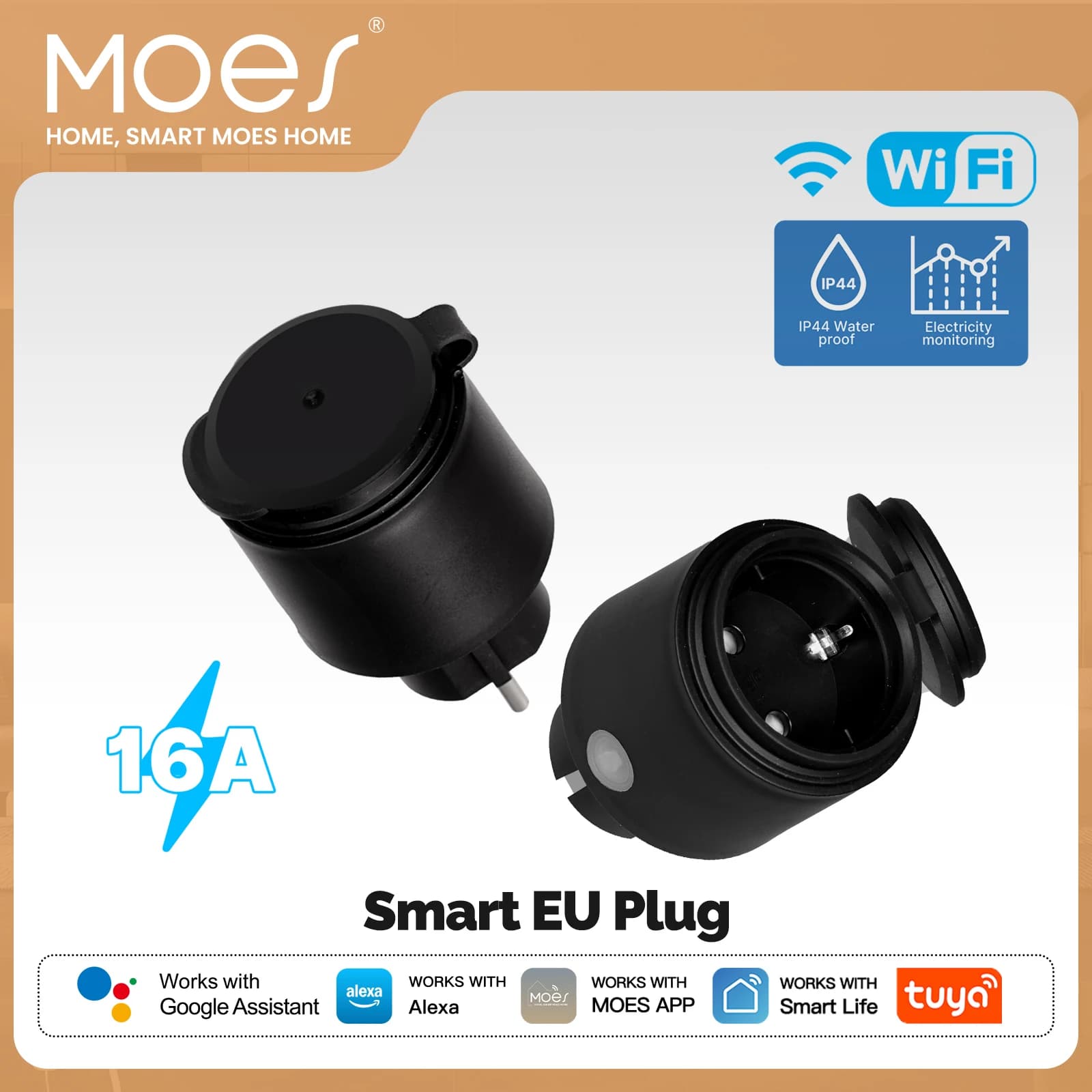 MOES Presa Intelligente WiFi Tuya 16A EU per Esterni Impermeabile con Monitoraggio Energetico Compatibile con Alexa Google Home