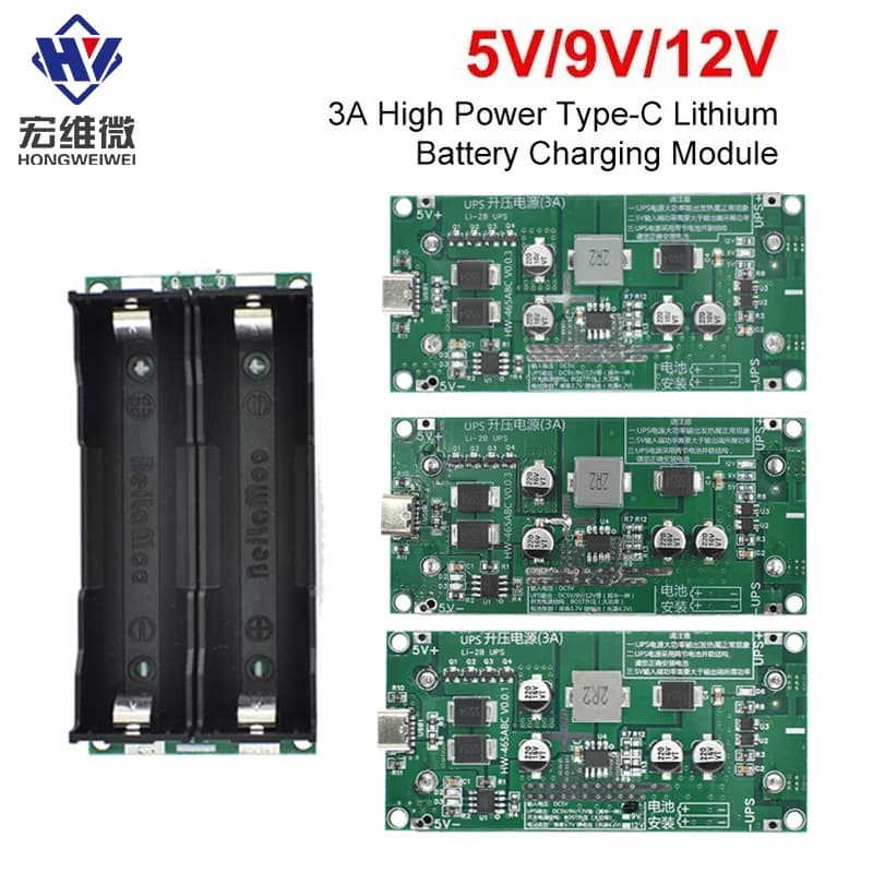 Type-C 15W 3A Quick Rechargeable UPS Power Supply / Lithium Charger Module 18650 Converter booster step up DC-DC 5V 9V 12V