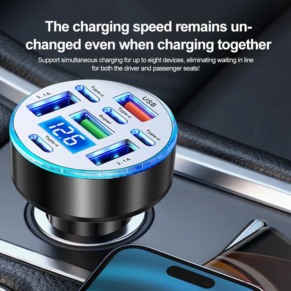Caricabatterie da auto 66W a 8 porte con ricarica rapida USB C, adattatore di tipo C per iPhone, Samsung, Huawei, Xiaomi