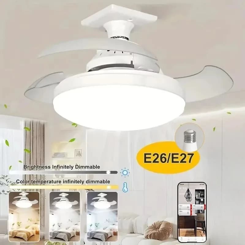 Ventilatore da soffitto con luce, telecomando tramite APP, pale retrattili, con attacco E27, 4 velocità, dimmerabile, timer, per camera da letto e soggiorno