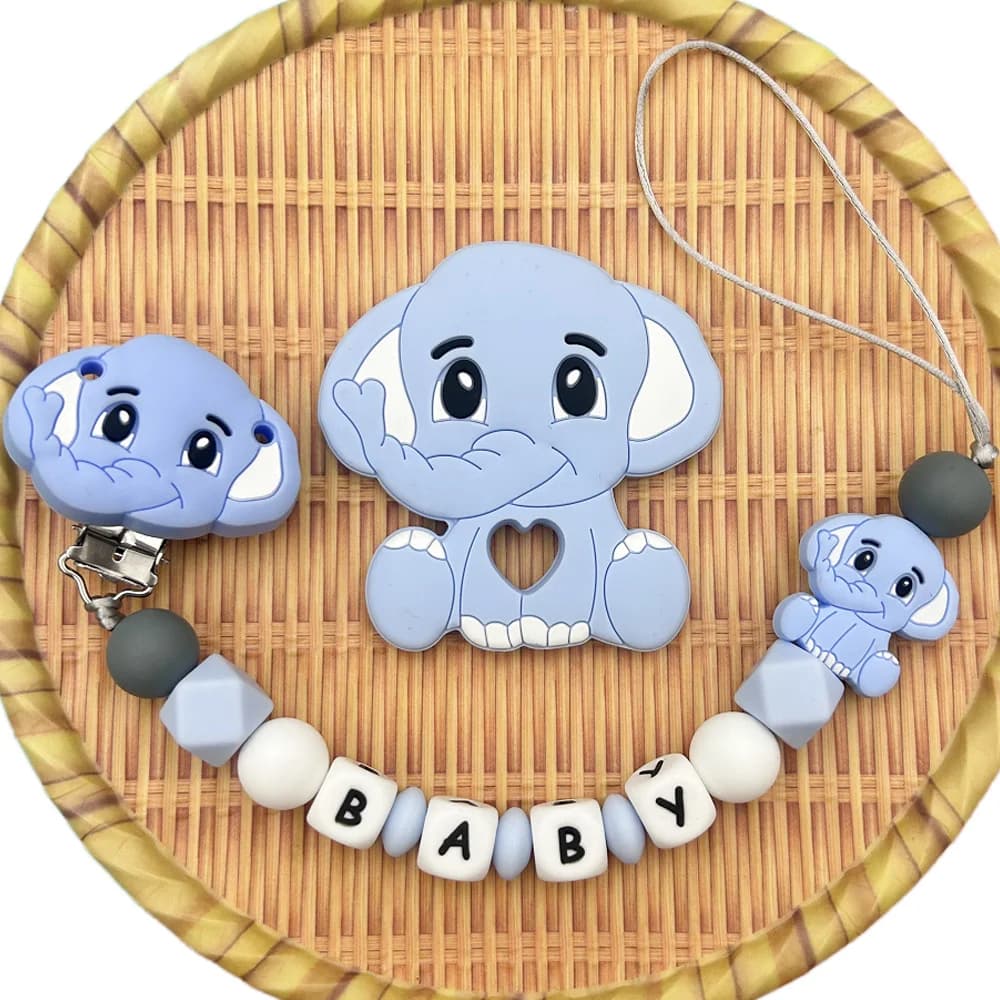 Personalizzato inglese russo lettera nome bambino elefante ciondolo in silicone clip ciuccio catene porta massaggiagengive regali giocattolo Kawaii