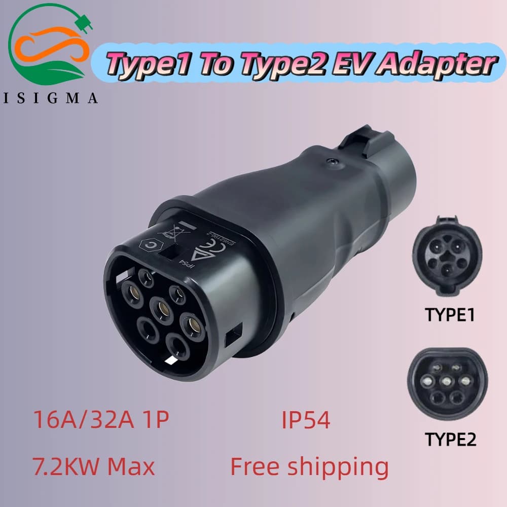 Isigma 32A 7.2kw Type1 to type2 Electric Vehicle Charging Connector SAEJ1772 To IEC 62196-2 EV Charger Converter Adapter