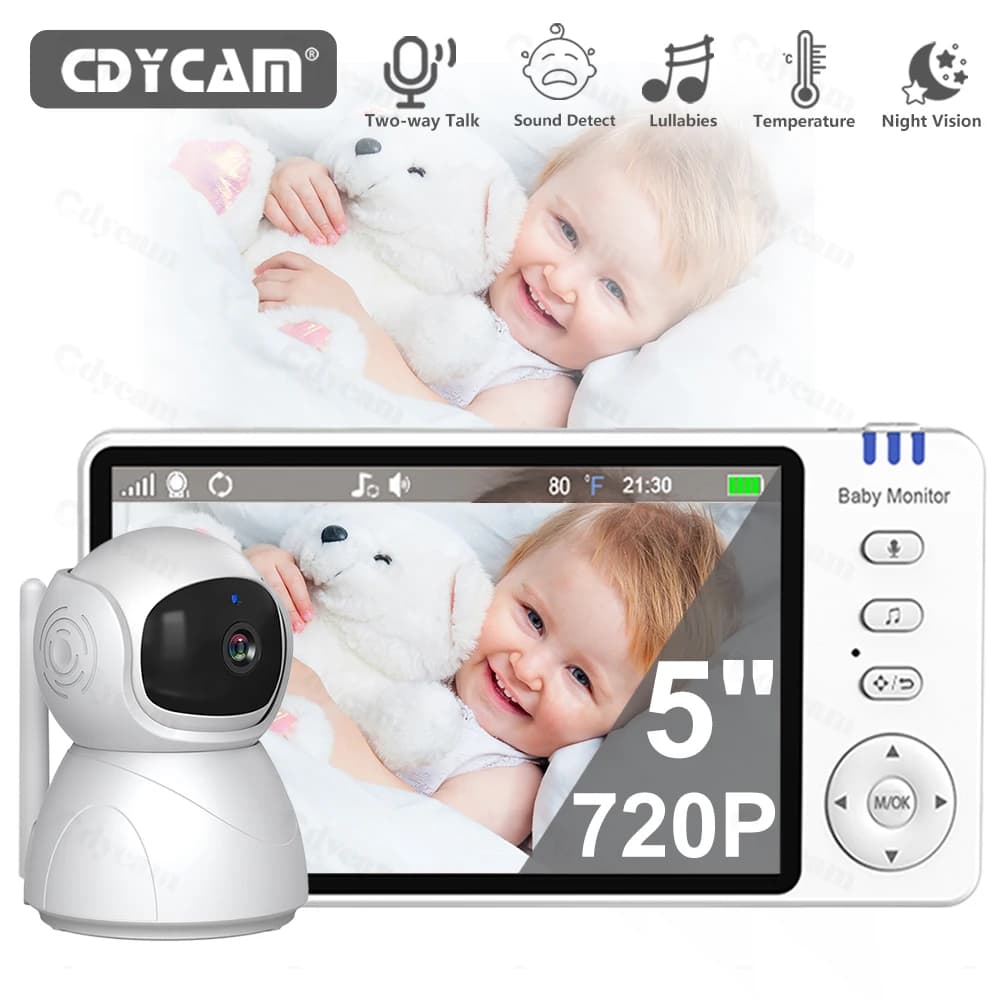 Baby monitor video IPS da 5 "con telecamera Pan Tilt per bambini Audio bidirezionale wireless Visione notturna Sicurezza Babysitter VOX Sveglia Carica USB