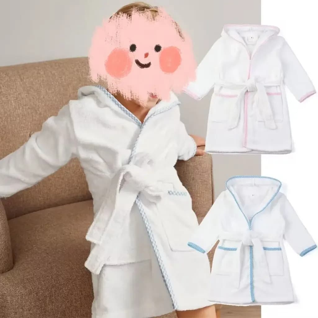 Ruffkids 100% cotton Bathrobe Boys Girls Robe Pigiama Nightwear with Belt White pyjamas Long sleeves Kids Pjs Hooded Toiletries