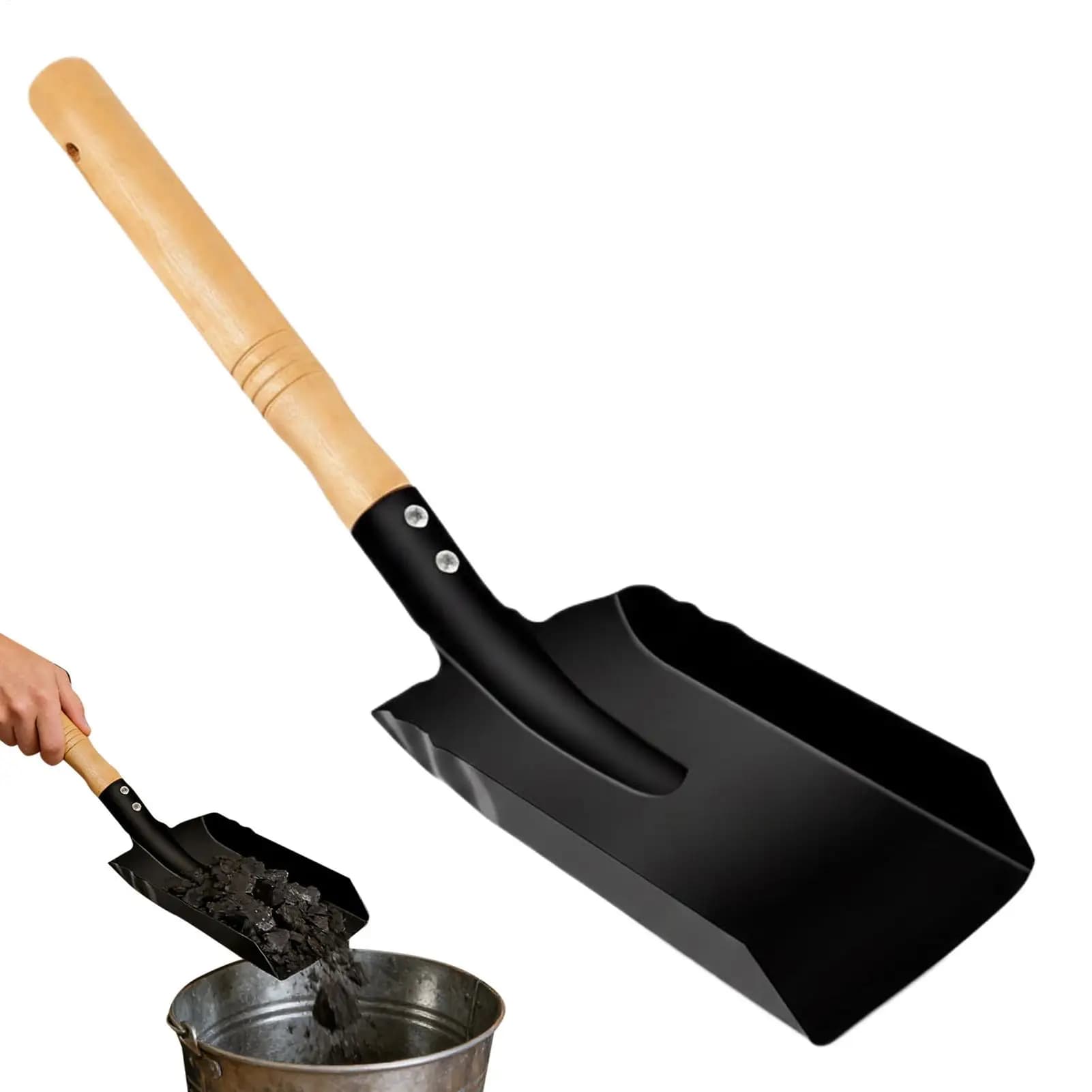 Paletta per caminetto con manico in legno, paletta per carbone, paletta per cenere per stufa a legna, barbecue, esterno, garage, carbonella, giardino