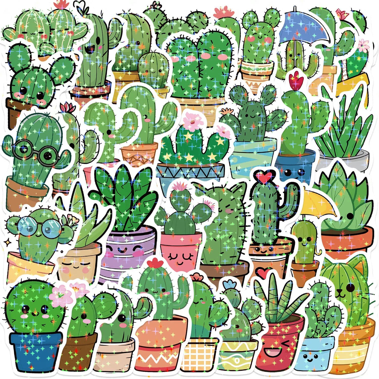 50 pezzi olografici cartone animato cactus graffiti adesivi decorazione cancelleria portapenne bagaglio notebook fai da te impermeabile ricompensa per bambini