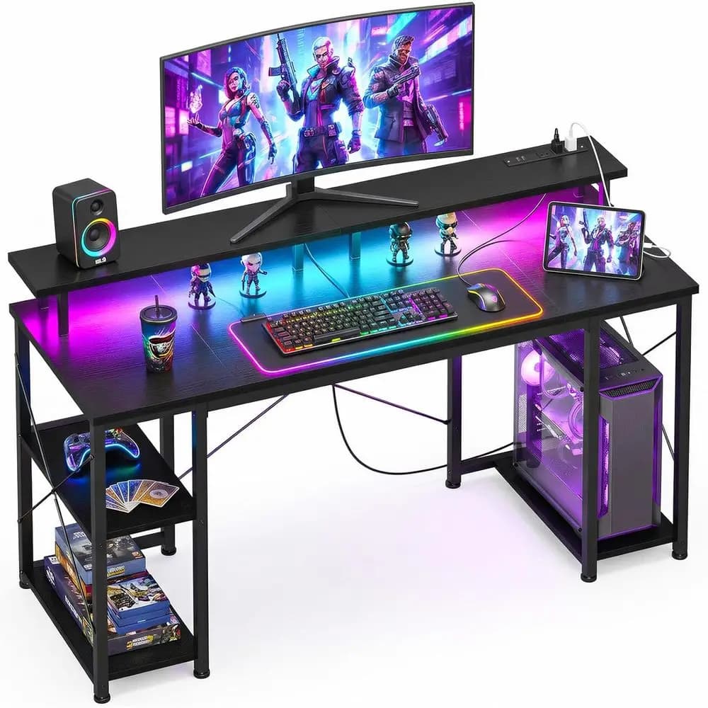 48 inch LED illuminated gaming desk with power sockets, monitor support and storage shelves, black