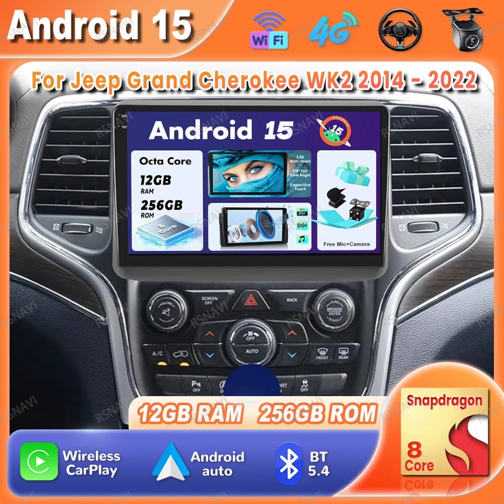 Autoradio Android 15 Per Jeep Grand Cherokee WK2 2014 - 2022 Qualcomm Wireless Carplay Auto BT Viedo Lettore Multimediale unità principale