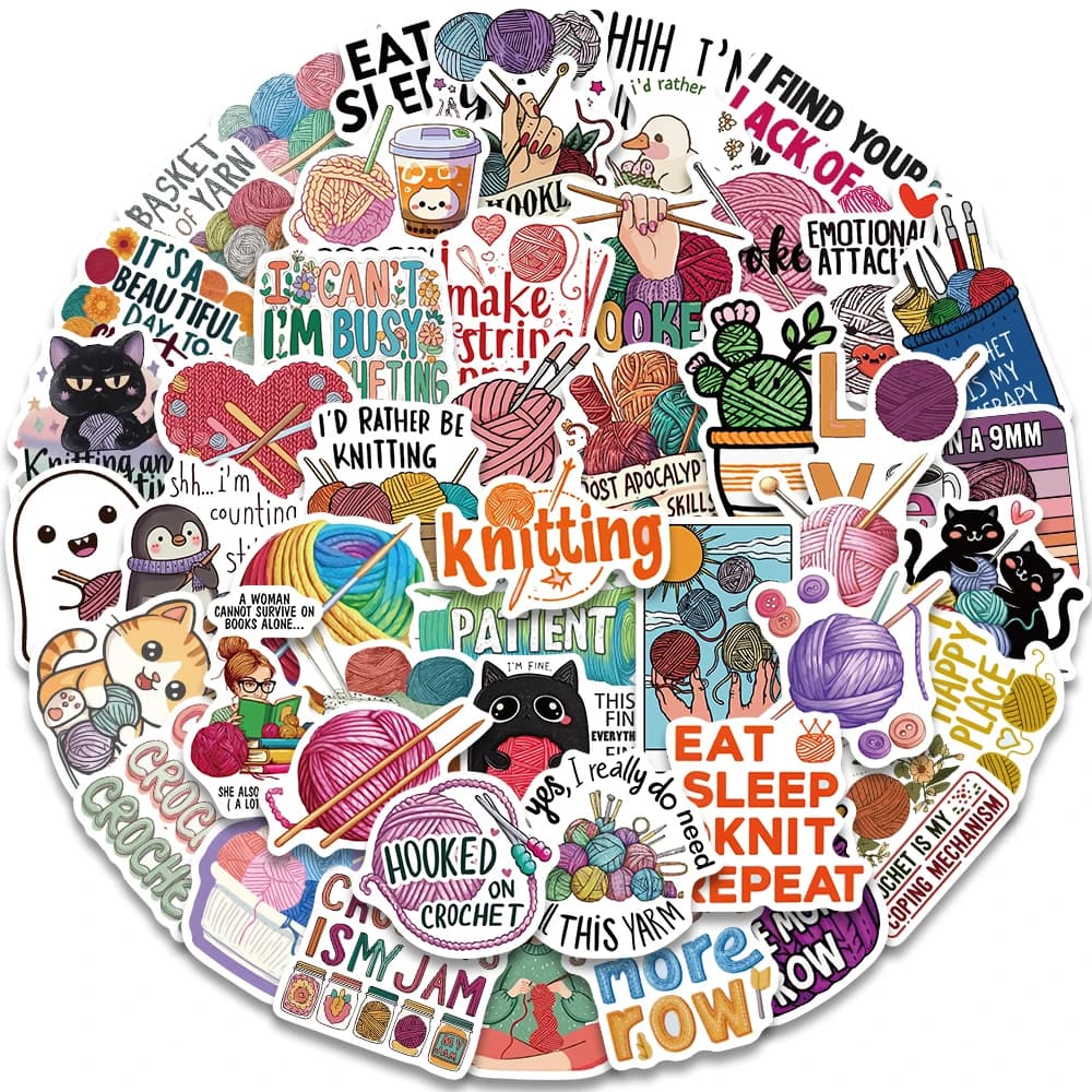 50PCS Cartoon Weaving Art Sticker Set with Creative Animal Wool Ball Crochet Hook for Scrapbooking Water Cups Phone Cases Decal