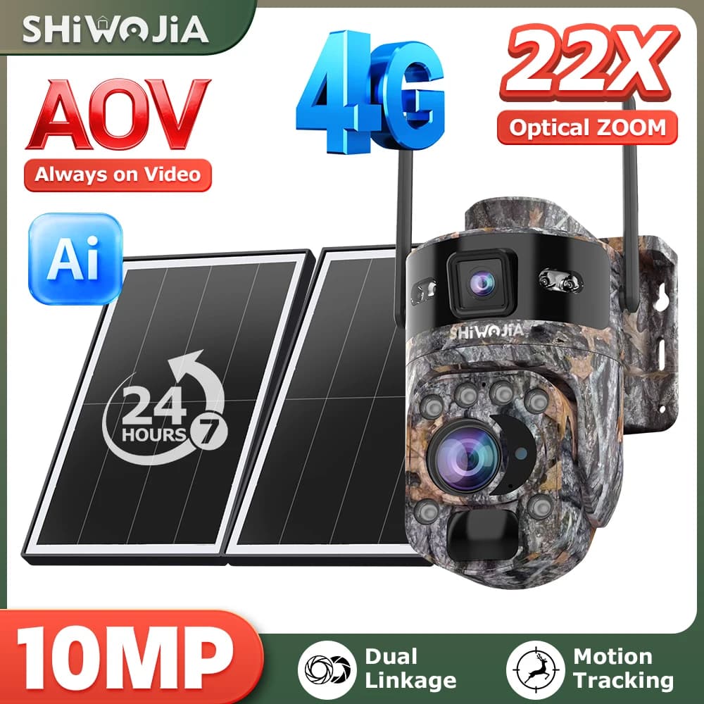 SHIWOJIA 4K 8MP 4G Outdoor Wireless Solar Safety Cameras 360 ° View PTZ Mymetic Color Battery for Animal Monitoring