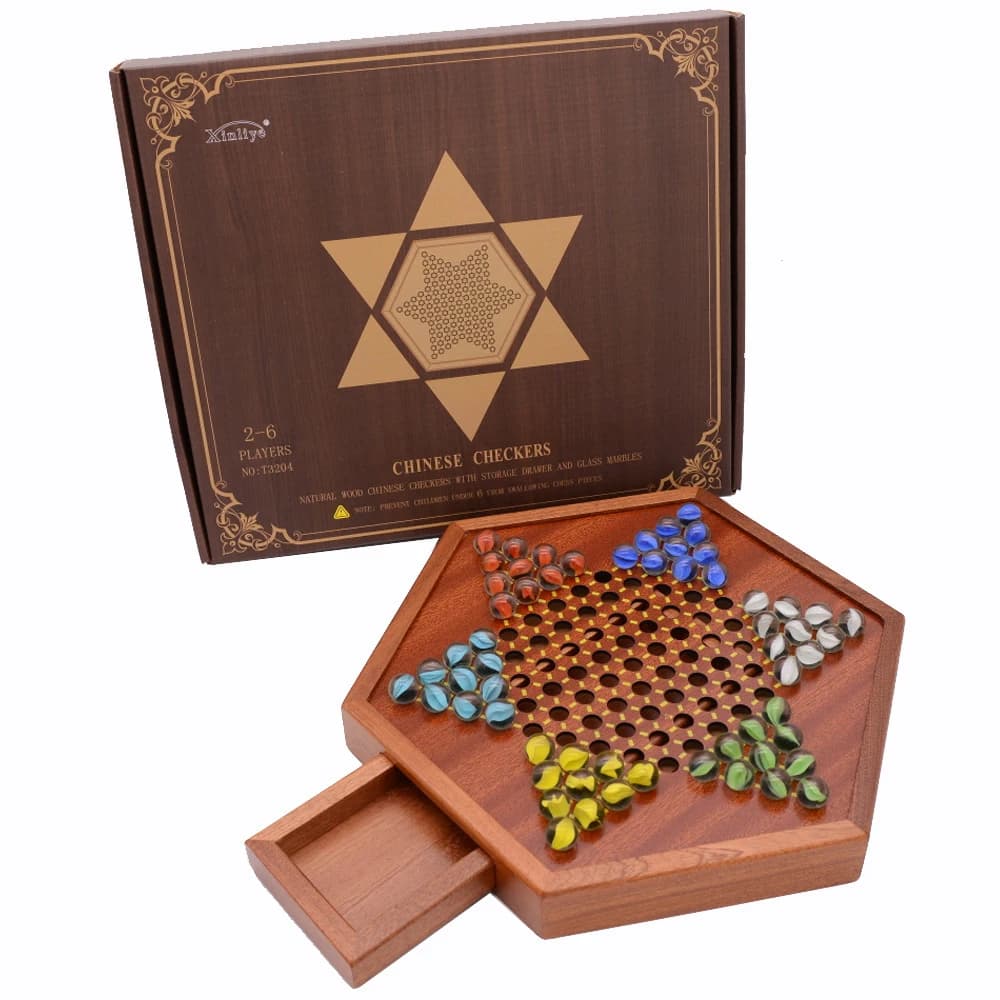 Set di dama cinese in legno con cassetto portaoggetti bambini adulti scacchi in legno gioco da tavolo regalo di natale in marmo di vetro