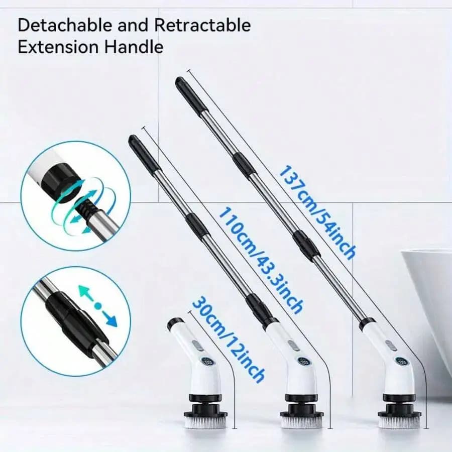 Wireless Rotating Electric Brush with Stackable Retractable Handle and 9 Cleaning Heads of Tiles and Bathroom Floors