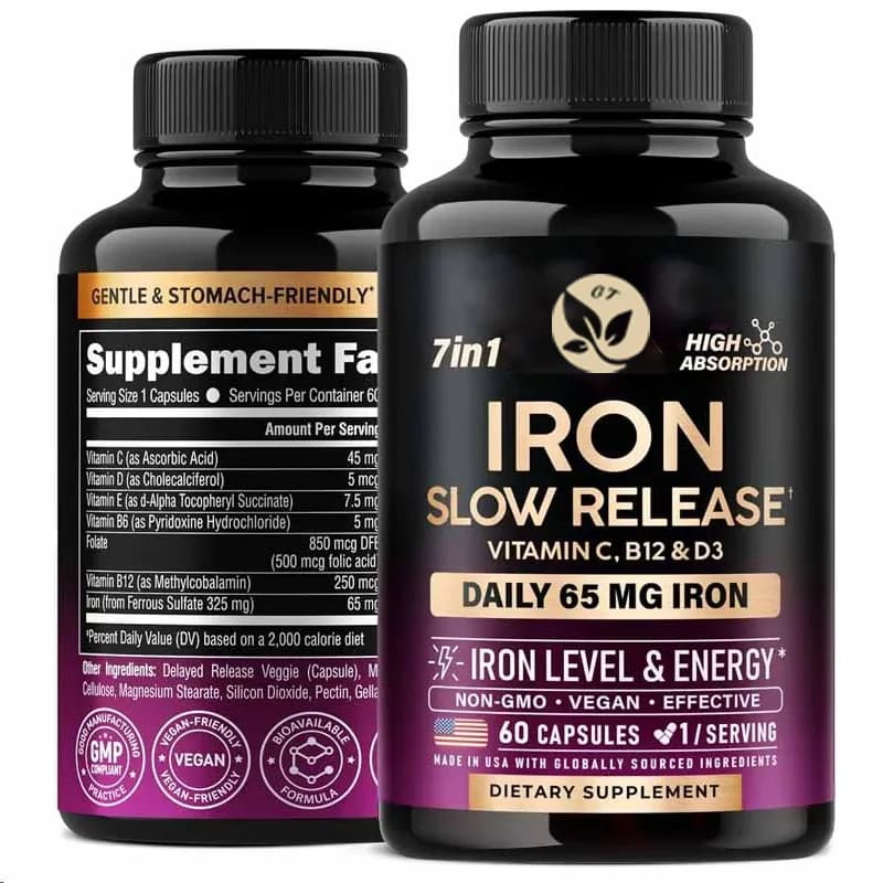 Women's Iron Supplement - 65 mg Iron, high absorption for the stomach -60 vitamin C capsules, D3, B6, B12 and folic acid