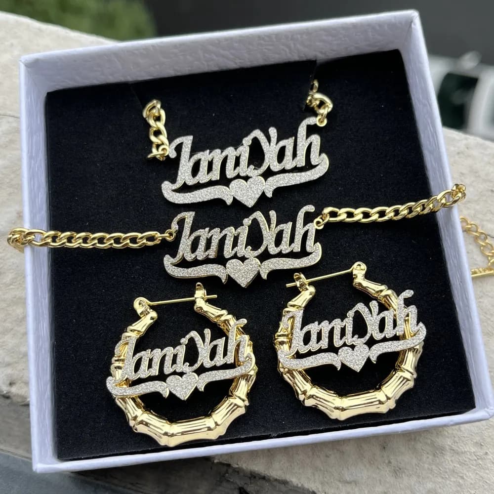 DUOYING Custom Bamboo Set collana personalizzata con catena cubana Namaplate Bling bracciale con lettere più spesse gioielli con cerchi in bambù da 30mm