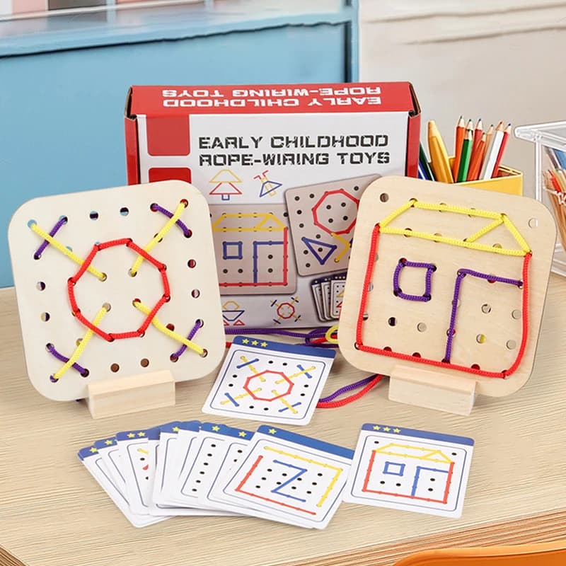 Sussidio didattico Montessori in legno Geometria Corda Giochi per infilare Educazione precoce dei bambini Bordo di formazione del pensiero Giocattoli educativi