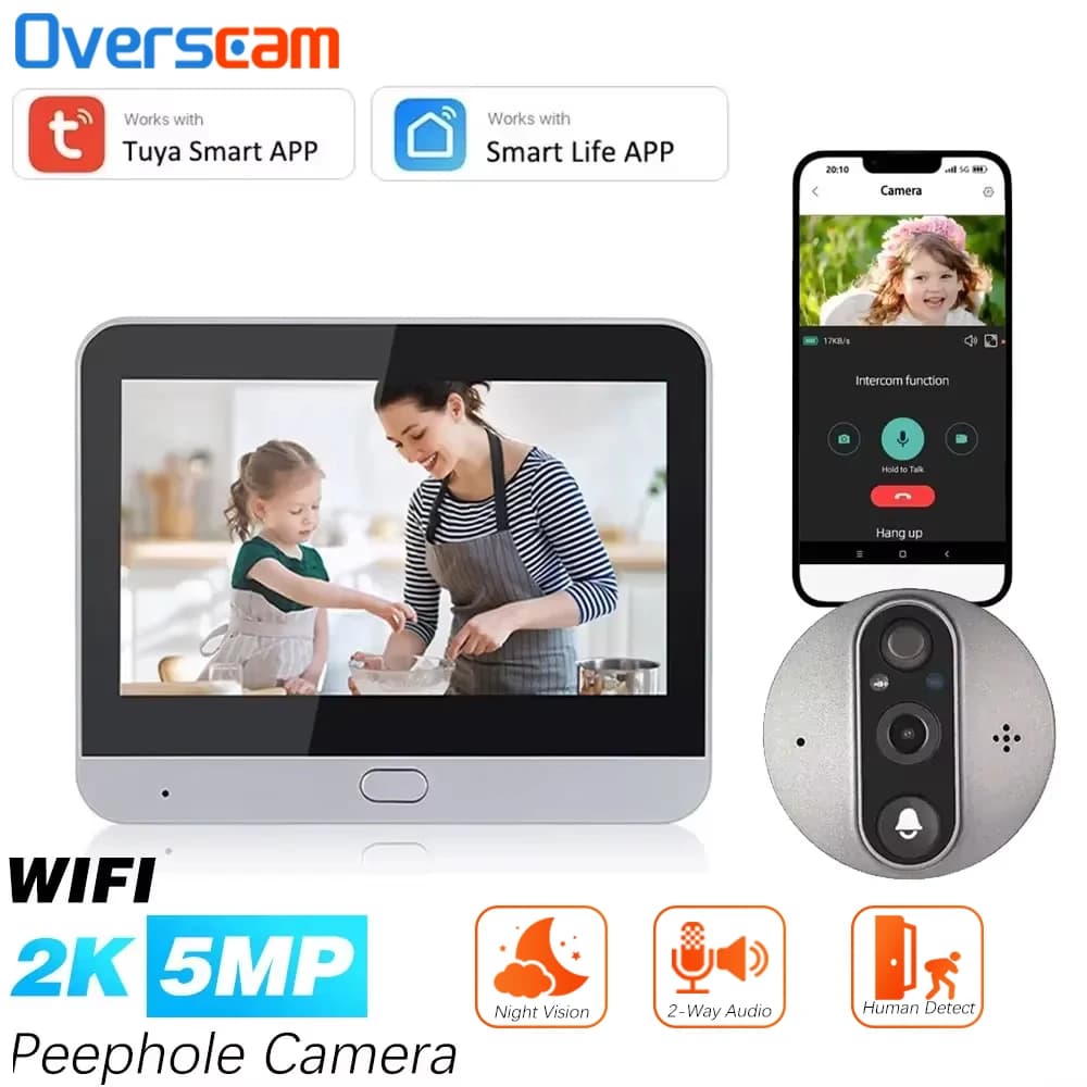 Tuya SmartLife 5MP Pulsante Campanello 5000mAh Spioncino Senza Fili Porta Occhio Della Macchina Fotografica Video Citofono di Sicurezza Domestica Baby Monitor da 4.3 Pollici