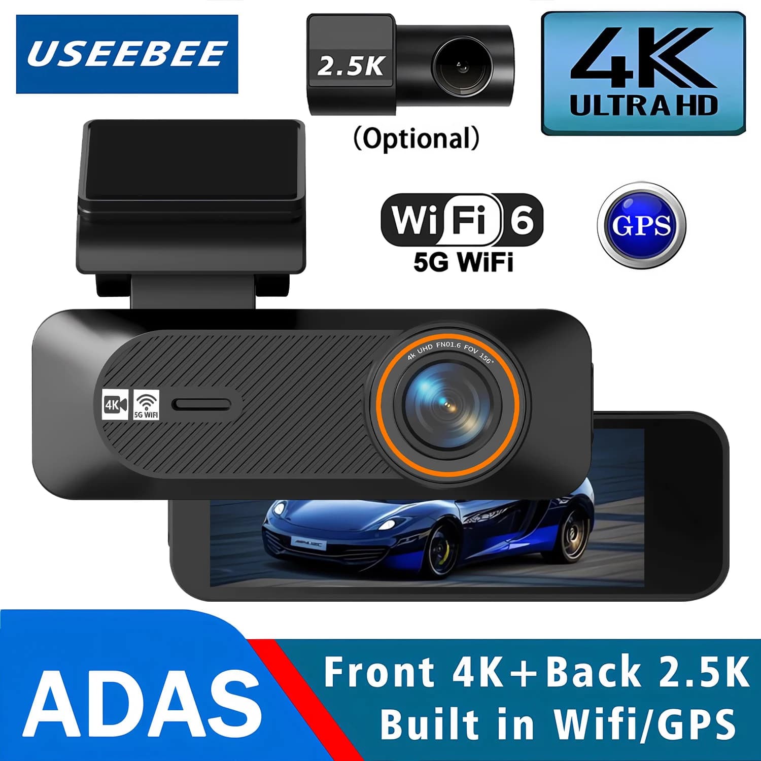 Dash Cam UHD 4K 2160P+2.5K con Doppia Lente ADAS, WIFI 5G, GPS, Mini DVR per Auto, Telecamera Posteriore 2.5K, Registratore Video di Guida, Scatola Nera