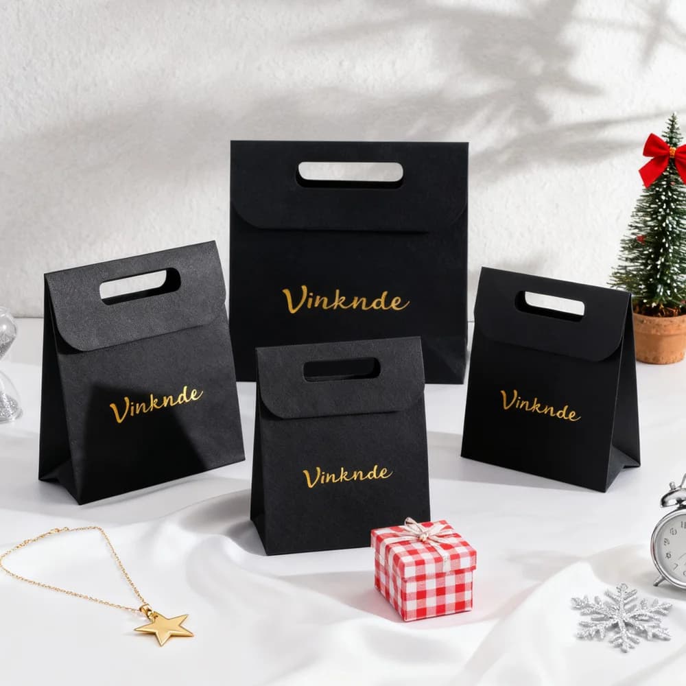 Borsa di carta nera con motivo litchi, borsa per la spesa, borsa regalo, borsa per il trasporto, Natale, San Valentino, baby shower, sacchetti per caramelle