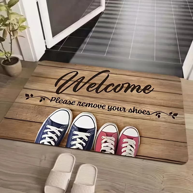 Si prega di togliere le tue scarpe all'entrata. Tappetino di benvenuto con tappetino antiscivolo con struttura in legno retrò. Zerbino per porta d'ingresso
