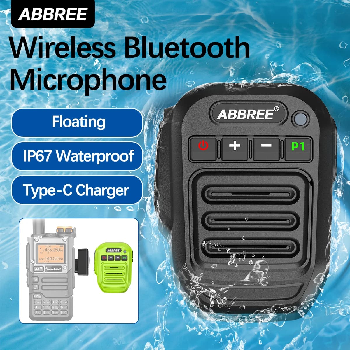 ABBREE Walkie Talkie Wireless Bluetooth Microphone Speaker Waterproof Microphone for Baofeng UV-21 Quansheng UV-K6 Radio Retevis
